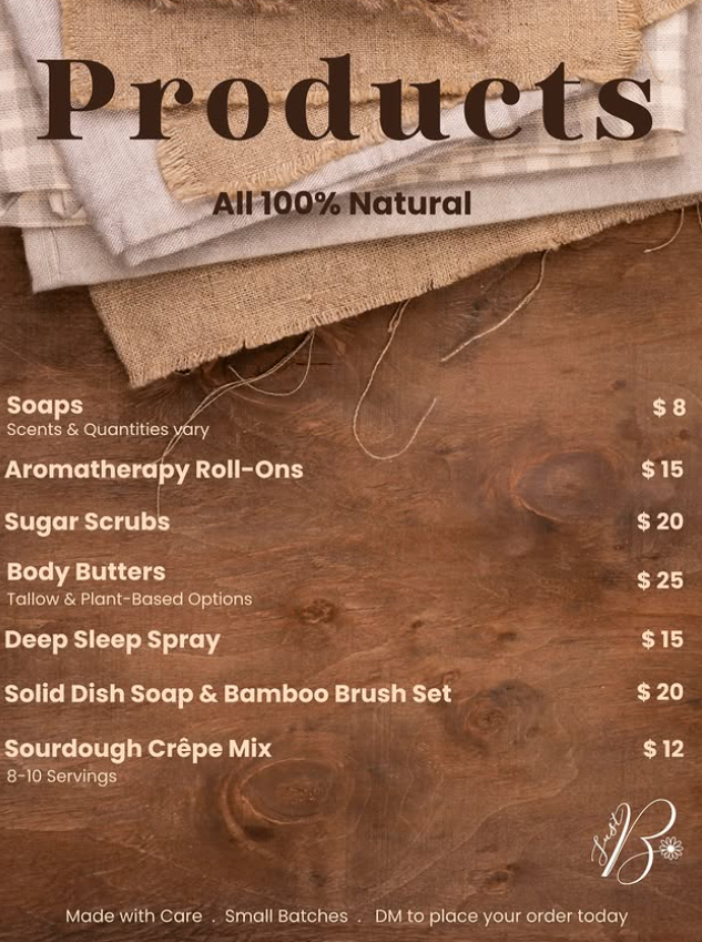 Just B Naturals product menu from Instagram